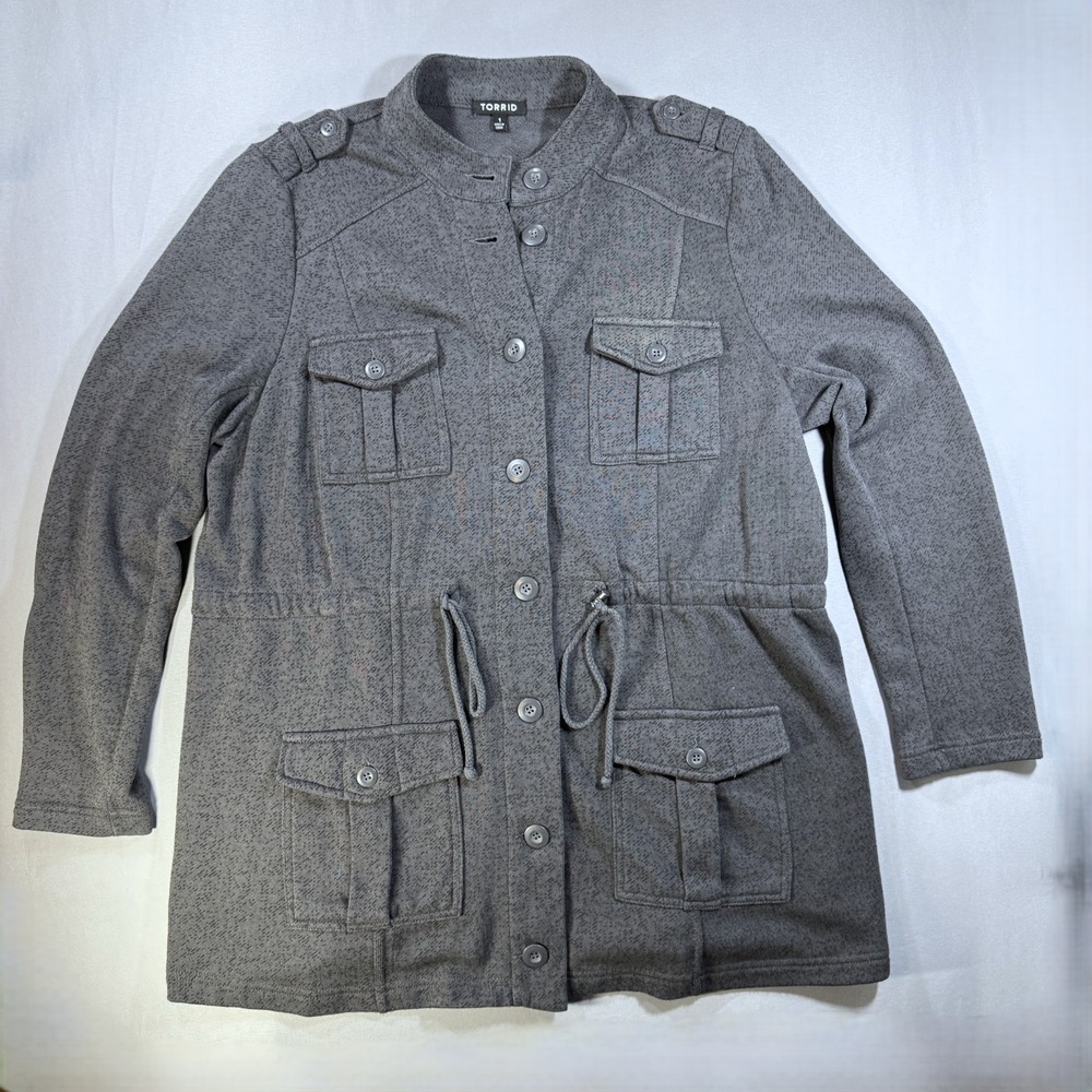 Torrid Womens 1 Gray Knit Military Utility Jacket Drawstring Waist Button Front